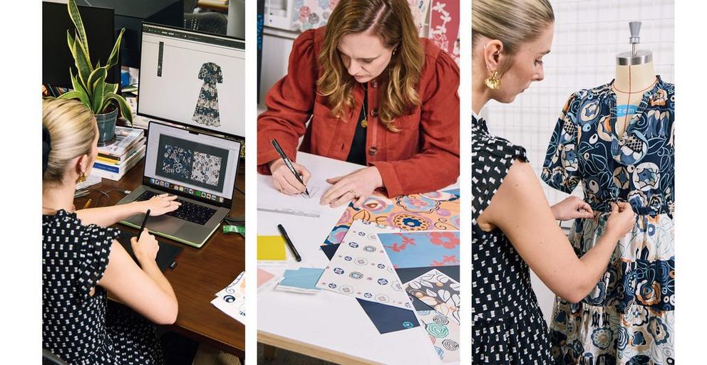 collage of woman creating fashion design